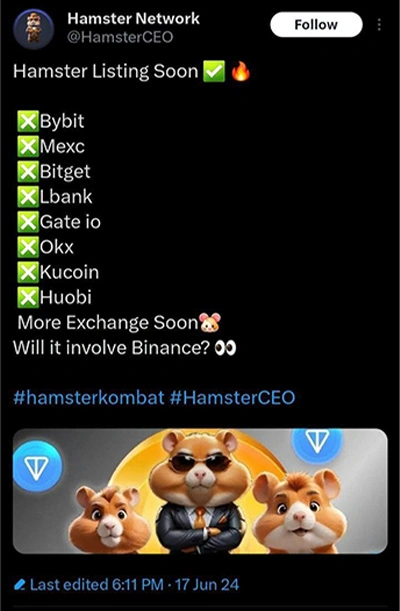 توئیت اکانت CEO همستر در مورد لیست شدن آن