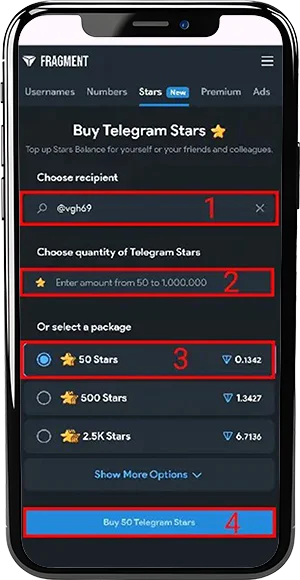 استارز تلگرام چیست؟ آموزش خرید و فروش استارز 3 وارد کردن اطلاعات خرید استارز تلگرام