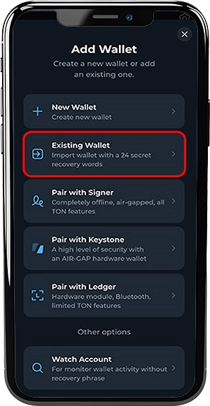 نحوه انتقال تون کیپر به گوشی جدید (آموزش تصویری) 5 گزینه Existing Wallet در تون کیپر